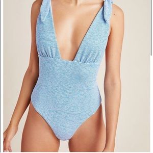 Mara Hoffman Daphne Swimsuit Blue Striped Tie Shoulders One Piece